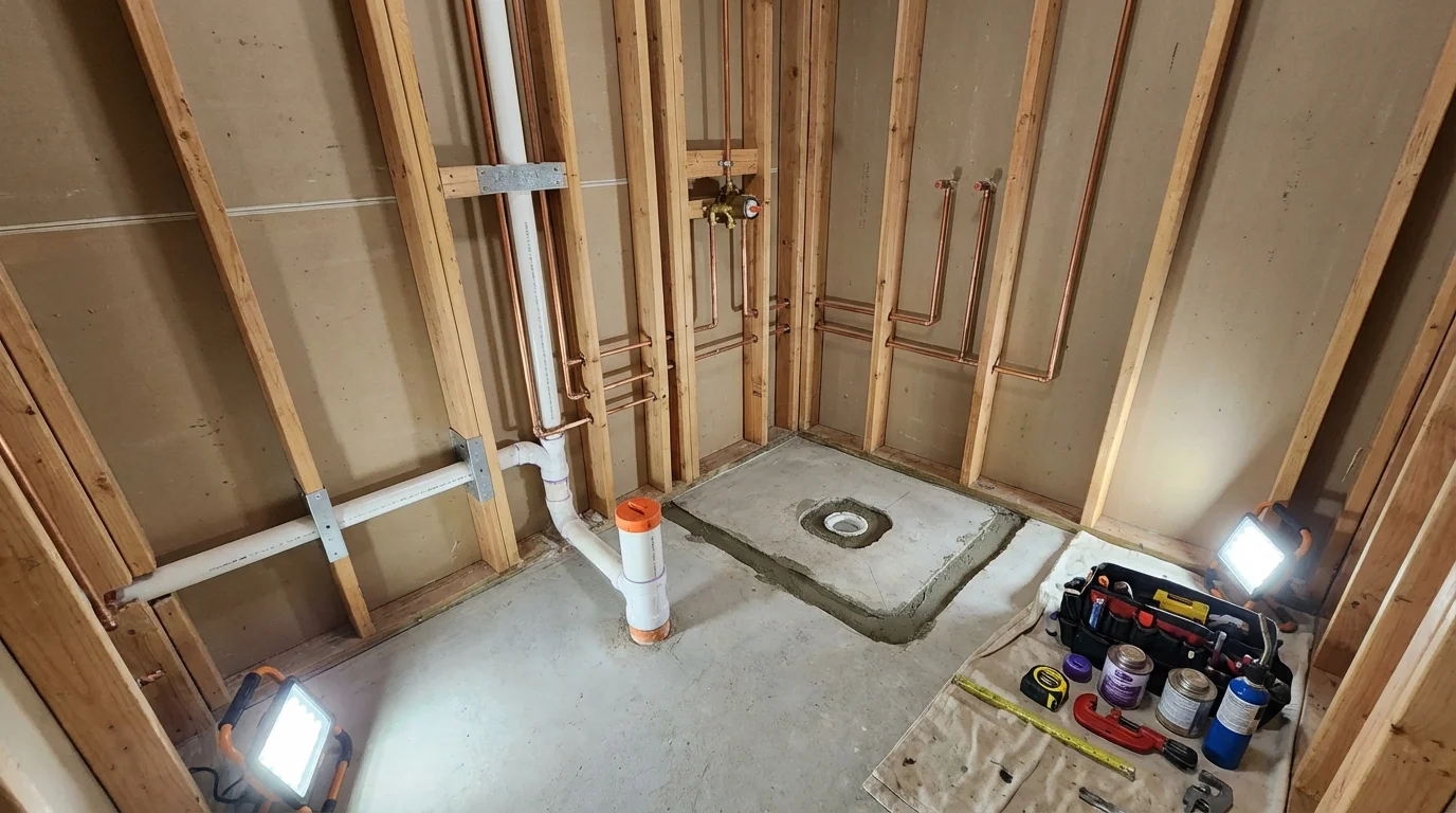 Bathroom rough-in plumbing during remodel by Johns Plumbing LLC in Century