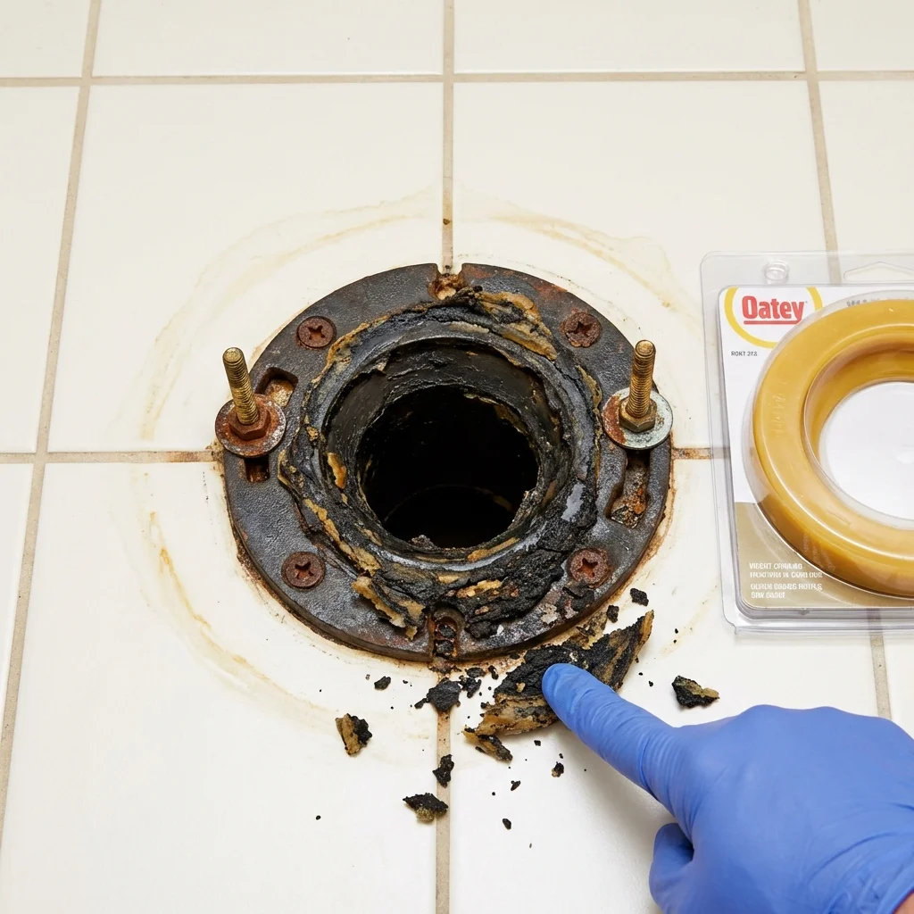 Failed wax ring showing water seepage at the base of a toilet in a Century, FL home