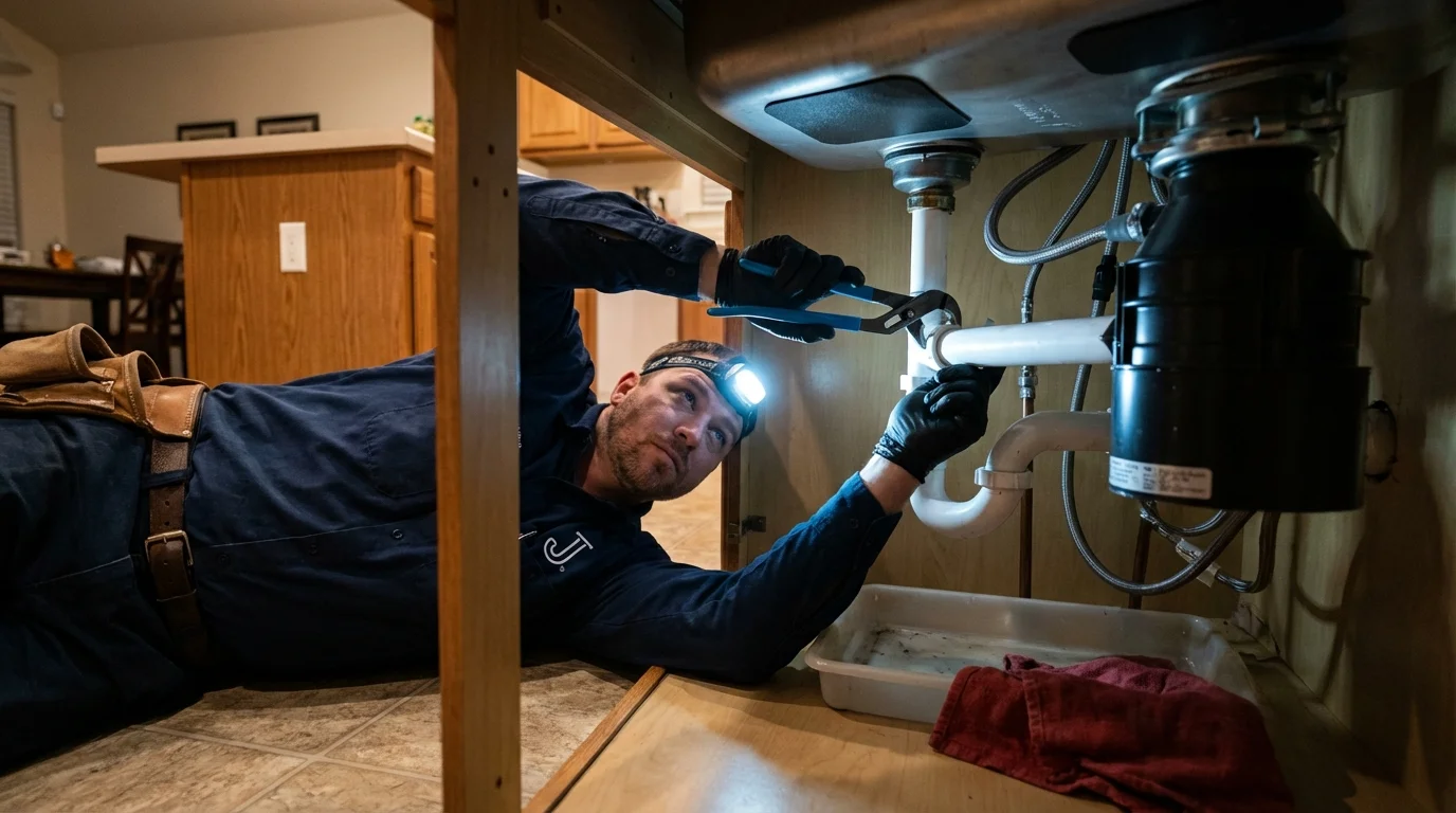 P-trap and supply line connections under a kitchen sink showing a common leak point in Century, FL